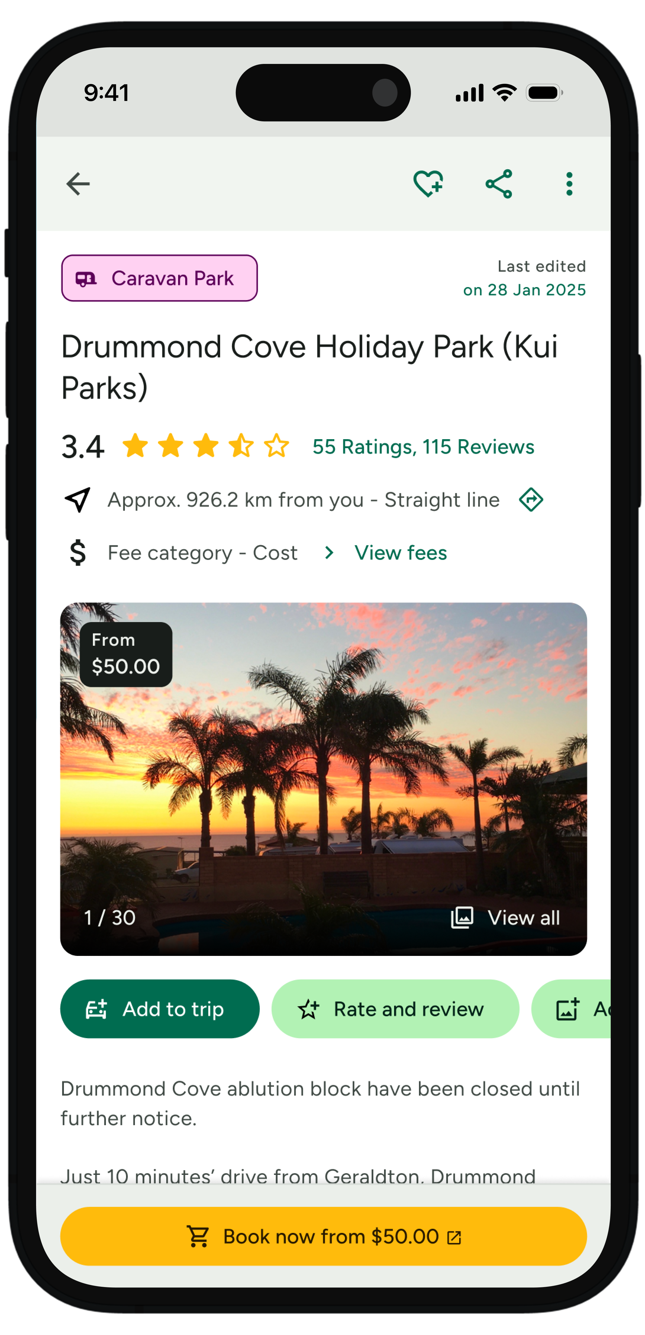 Screenshot of the app showing a caravan park